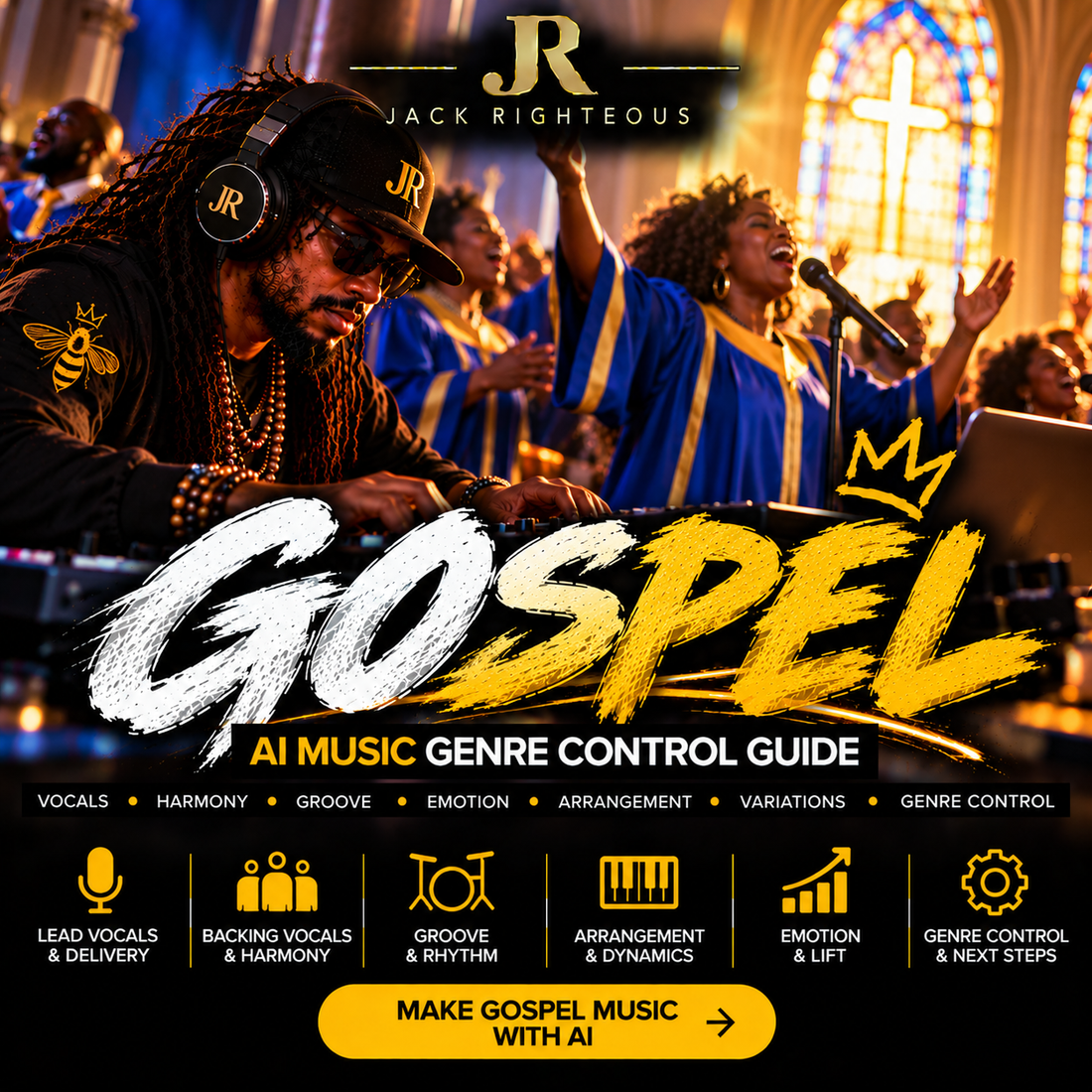 Gospel Genre Intelligence for AI music creators — lead vocals, choir response, harmony, groove, arrangement dynamics and emotional lift