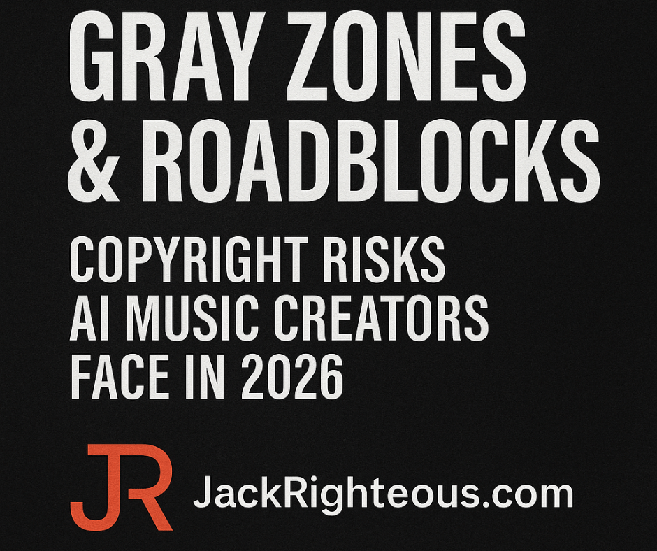 1:1 cover titled “Gray Zones & Roadblocks: Copyright Risks AI Music Creators Face in 2026” with JR logo and JackRighteous.com.
