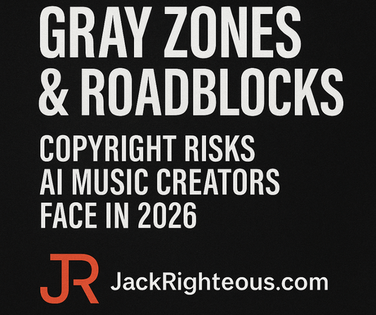 1:1 cover titled “Gray Zones & Roadblocks: Copyright Risks AI Music Creators Face in 2026” with JR logo and JackRighteous.com.