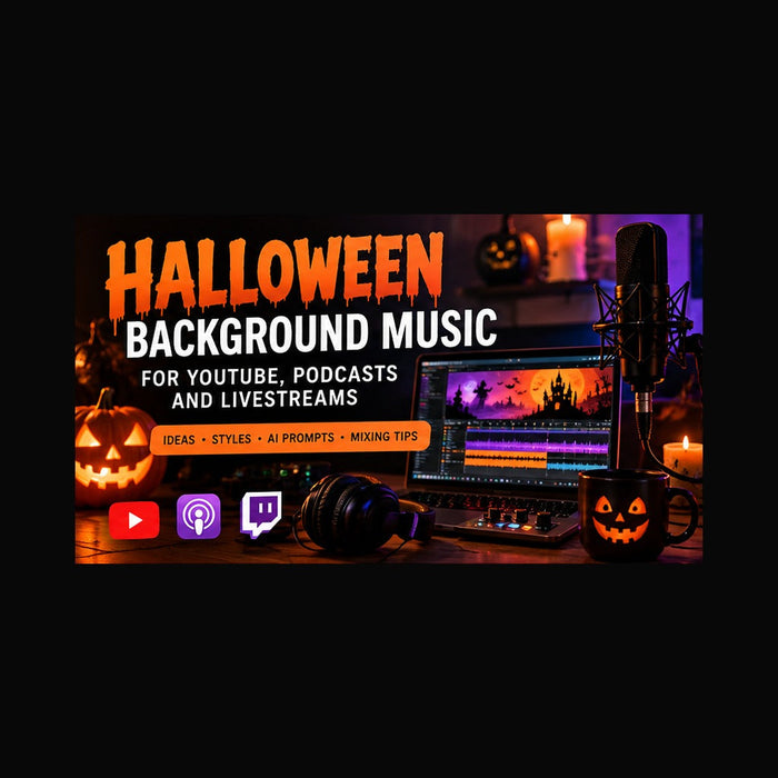 Halloween background music guide showing microphone, music production screen and pumpkins