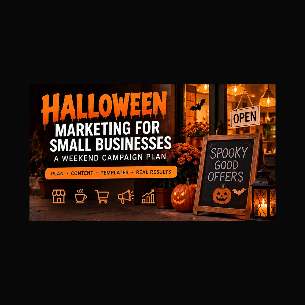 Halloween small business marketing guide with decorated local storefront