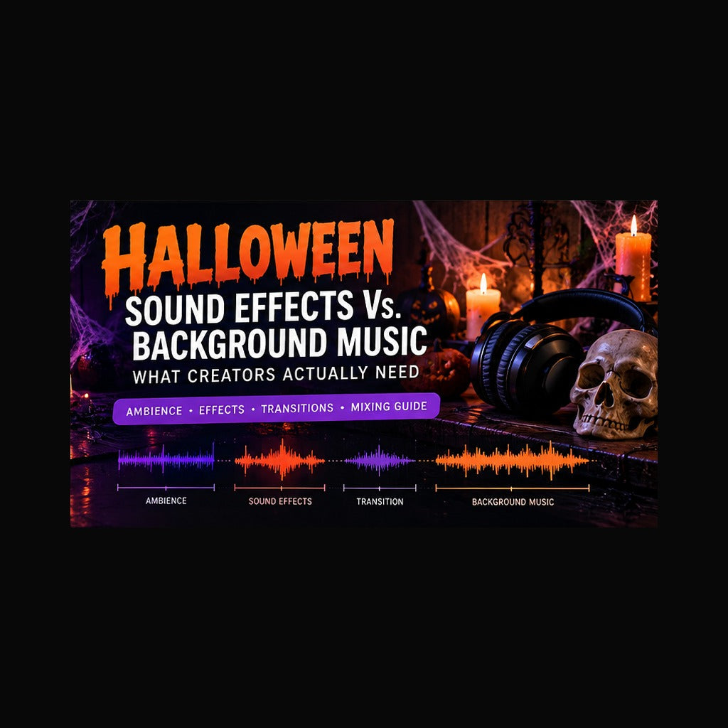 Halloween sound effects versus background music guide with audio waveform and spooky sound design tools