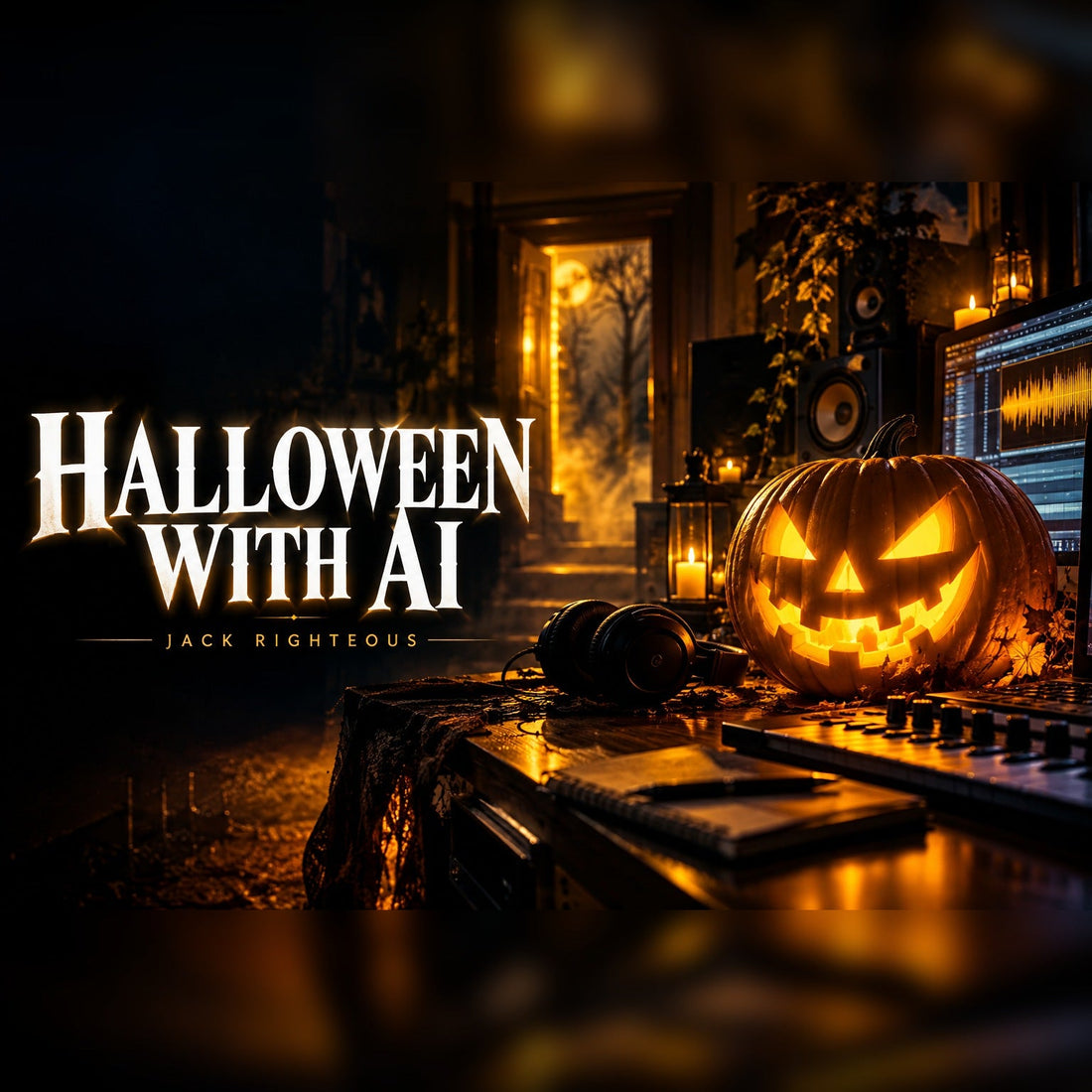 Halloween with AI square cover: white title on black with a glowing pumpkin and music studio lit in gold
