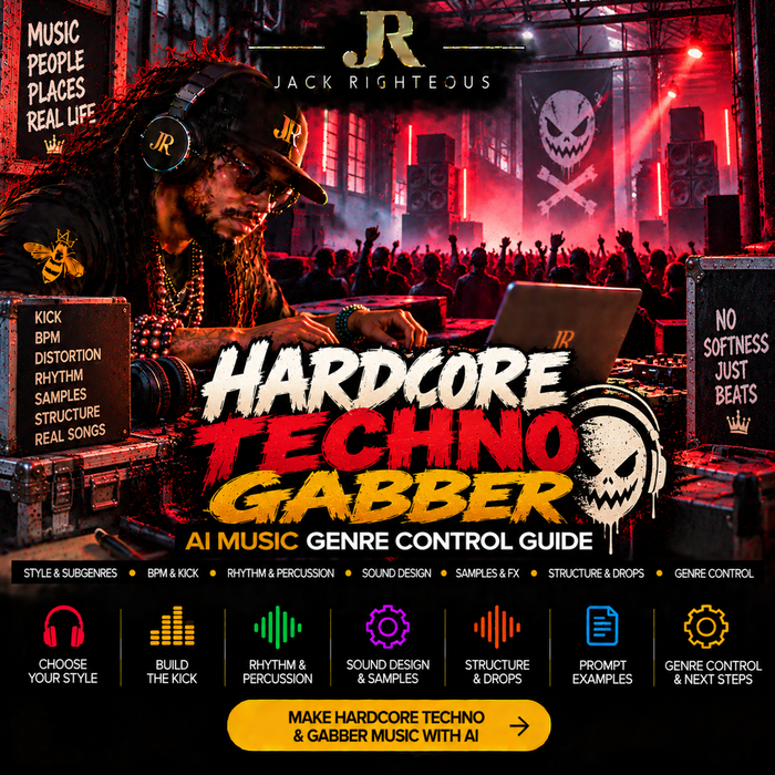 Hardcore Techno and Gabber Genre Intelligence for AI music creators — kick architecture, rhythm, distortion, samples, structure, drops and genre control