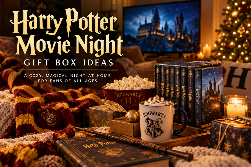 Cozy Harry Potter-themed movie night gift box with warm holiday lighting, popcorn, books and creator break atmosphere