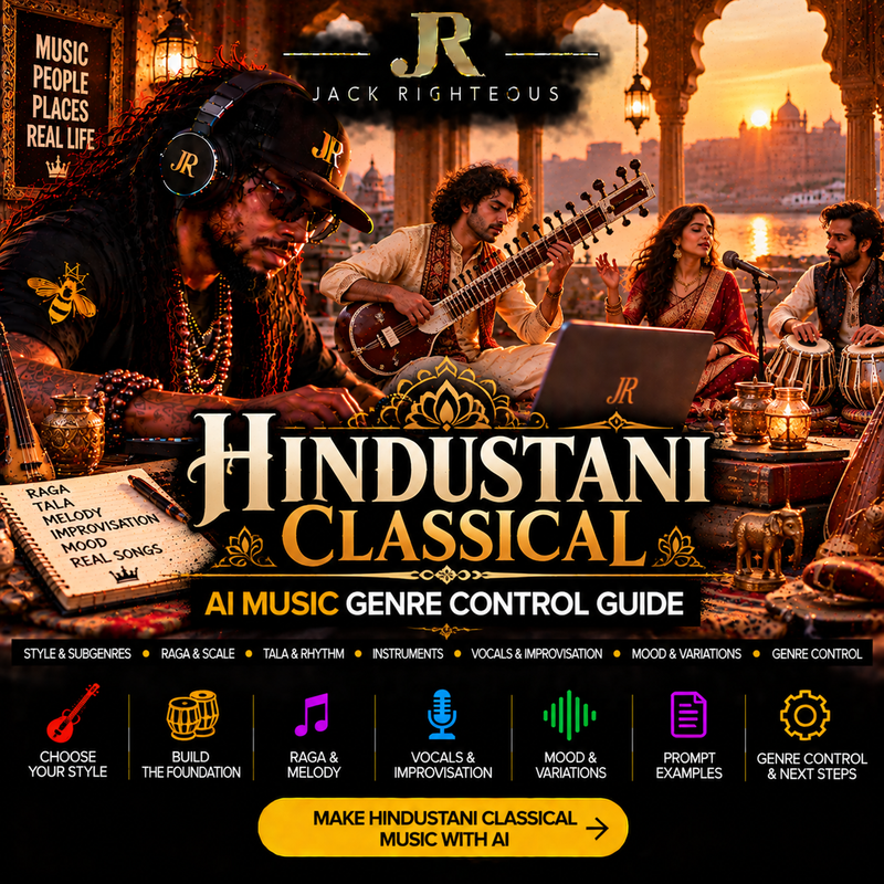 Hindustani Classical Genre Intelligence for AI music creators — raga, tala, melody, improvisation, instruments and genre control