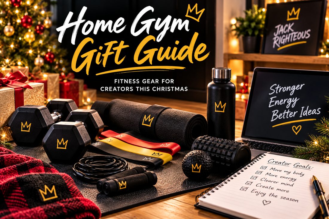 Holiday home gym gift guide for creators with mat, resistance bands, dumbbells, timer-style fitness gear and festive Jack Righteous styling
