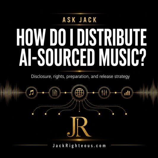 Ask Jack guide explaining how to distribute AI-sourced music with disclosure, rights, preparation, and release strategy