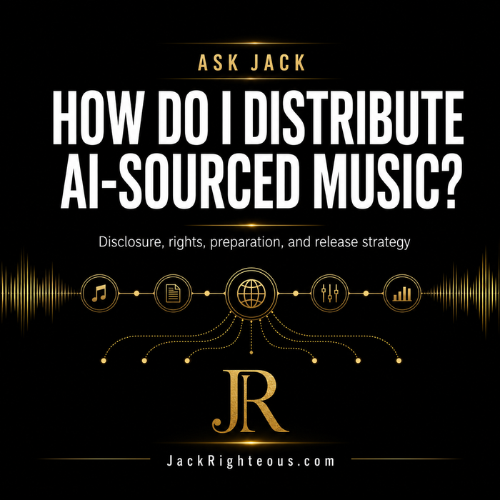 Ask Jack guide explaining how to distribute AI-sourced music with disclosure, rights, preparation, and release strategy