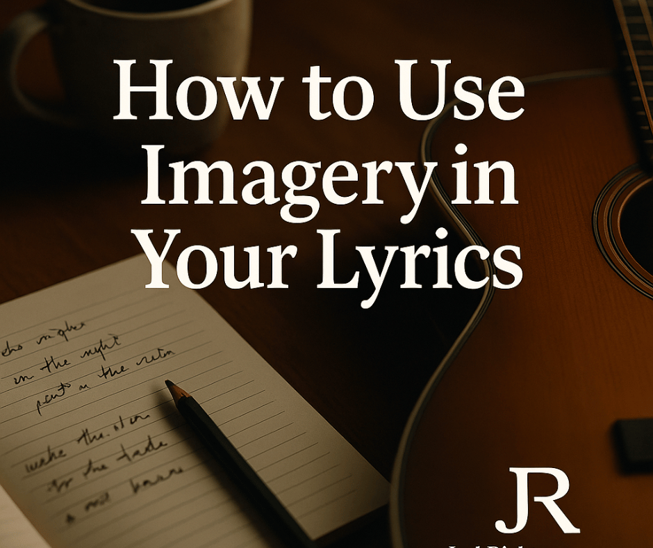 Notebook, pencil, coffee, and guitar with the title “How to Use Imagery in Your Lyrics” and JR branding.