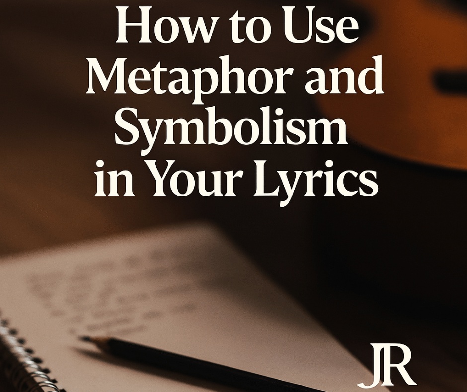 Notebook, pencil, and guitar with the title “How to Use Metaphor and Symbolism in Your Lyrics” and JR branding.