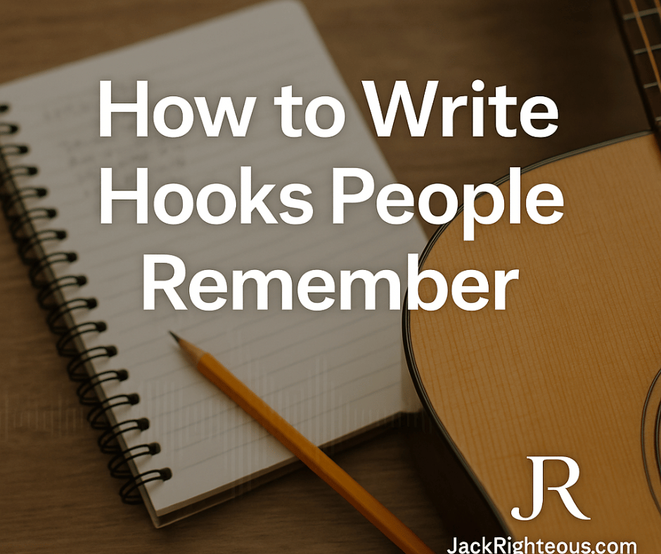 Notebook, pencil, guitar, and waveform with the title “How to Write Hooks People Remember” and JR branding.