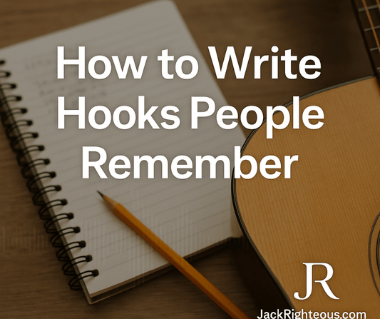 Notebook, pencil, guitar, and waveform with the title “How to Write Hooks People Remember” and JR branding.