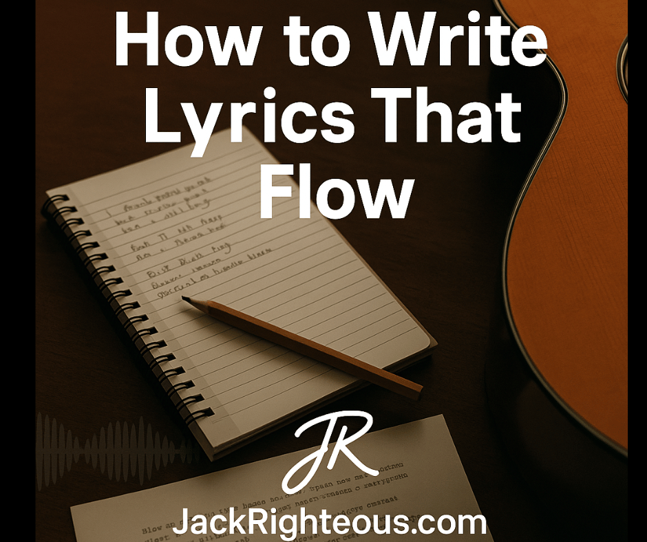Notebook, pencil, lyric sheet, and guitar with the title “How to Write Lyrics That Flow” and JR branding.