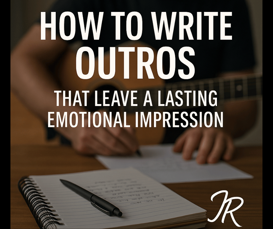 Notebook and guitar with the title “How to Write Outros That Leave a Lasting Emotional Impression” and JR branding.
