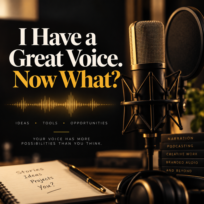 Premium studio microphone and gold waveform for I Have a Great Voice. Now What? — Jack Righteous professional voice and AI guide