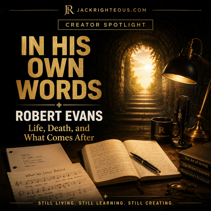 Promotional image for 'In His Own Words' by Robert Evans with books, lamp, and coffee cup on a dark background.