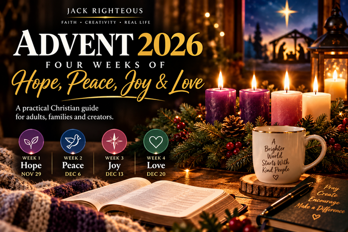 Advent 2026: Four weeks of Hope, Peace, Joy and Love. Four Advent candles beside a Bible and Christian Christmas decorations.