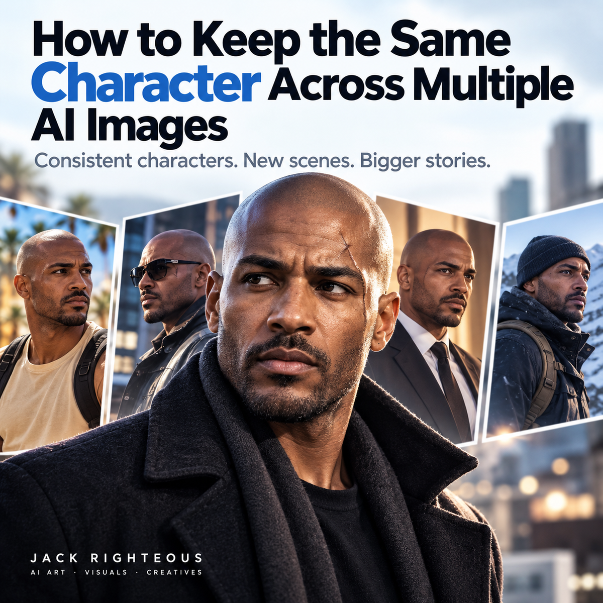 The same fictional detective in several settings, demonstrating character consistency across AI images.