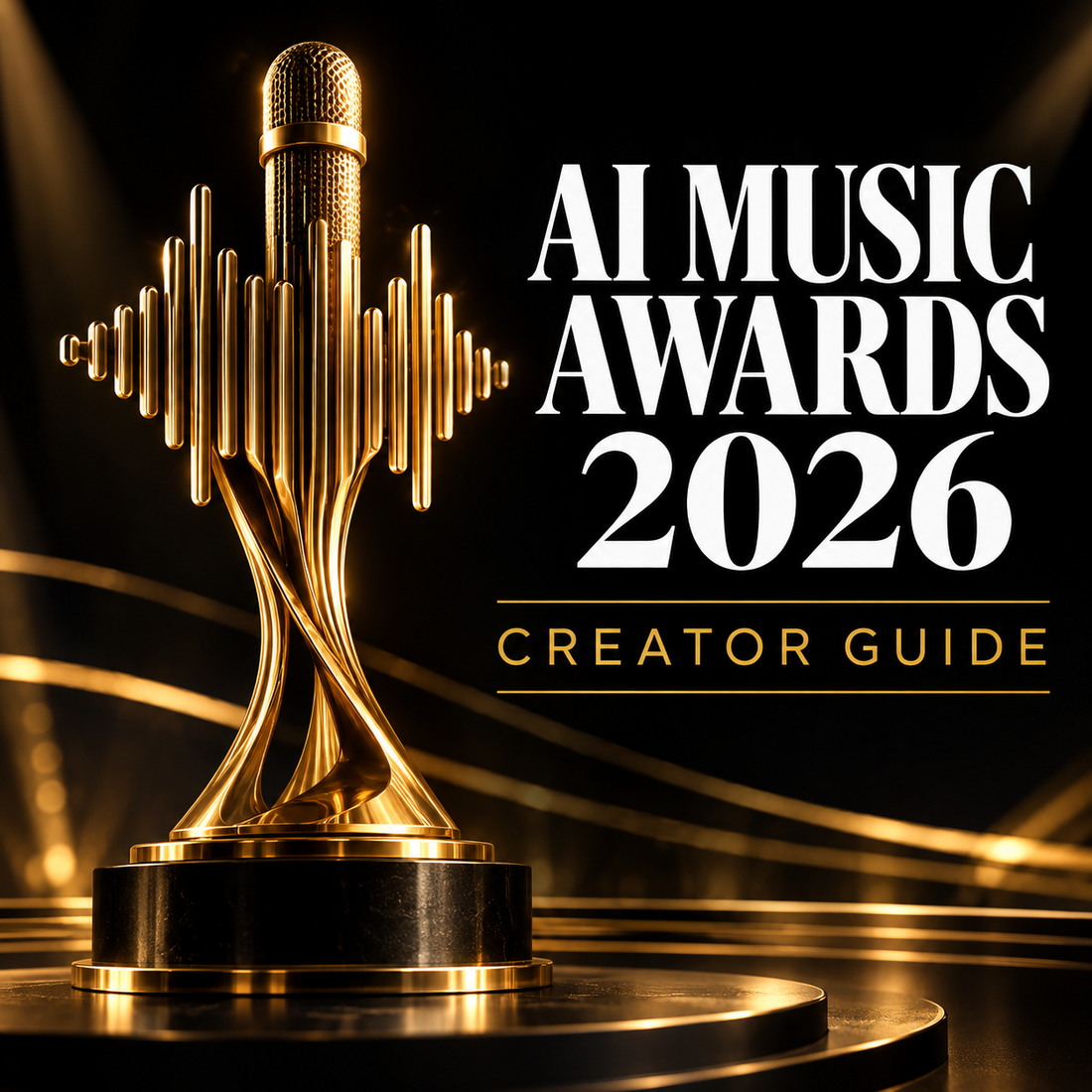 AI Music Awards 2026 creator guide with gold microphone trophy on black