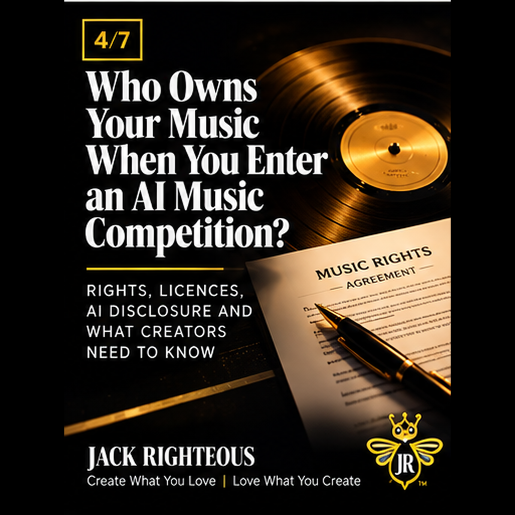 AI Music Awards rights guide: gold vinyl record, awards licence document and pen on a black background