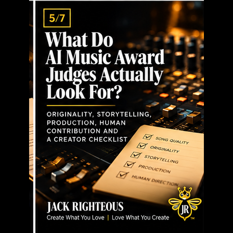 What do AI music award judges look for? Black and gold mixing console with self-assessment checklist