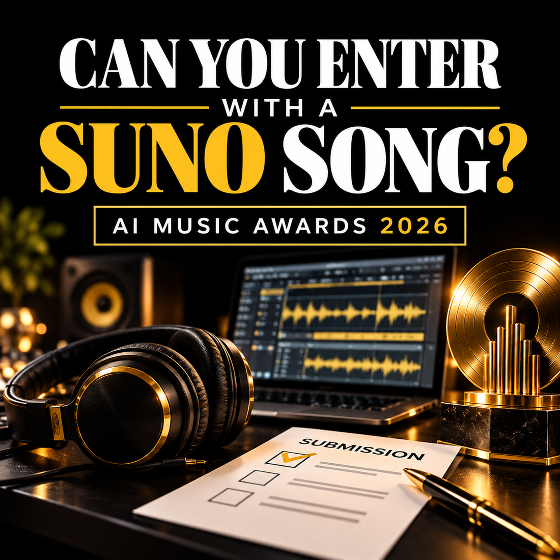 Can You Enter the AI Music Awards With a Suno Song? square studio cover in black and gold