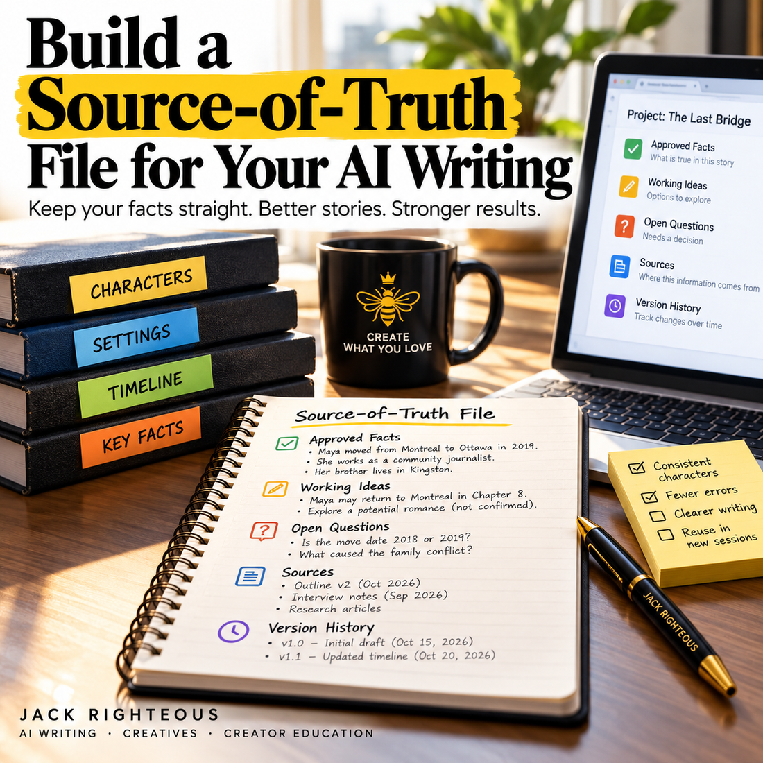 Source-of-truth file for AI writing with approved facts, working ideas, open questions, sources, version history and organized manuscript binders.