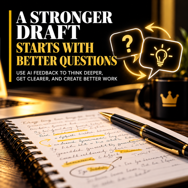 Jack Righteous AI writing cover: A Stronger Draft Starts With Better Questions, featuring a marked-up draft, black-and-gold pen, and gold question and idea symbols.