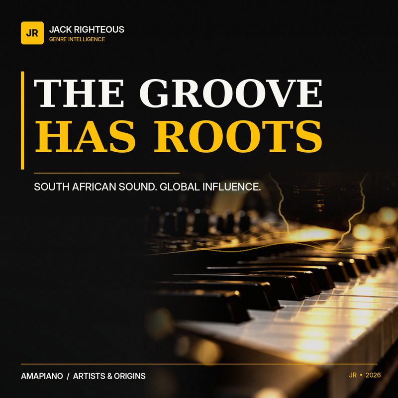 Jack Righteous Amapiano cover reading The Groove Has Roots over golden-lit piano keys, reflecting the South African music genre’s origins and global influence.