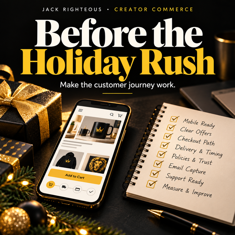 Before the Holiday Rush — holiday-ready creator storefront on a phone beside a checkout, delivery, policies and mobile readiness checklist in gold and black