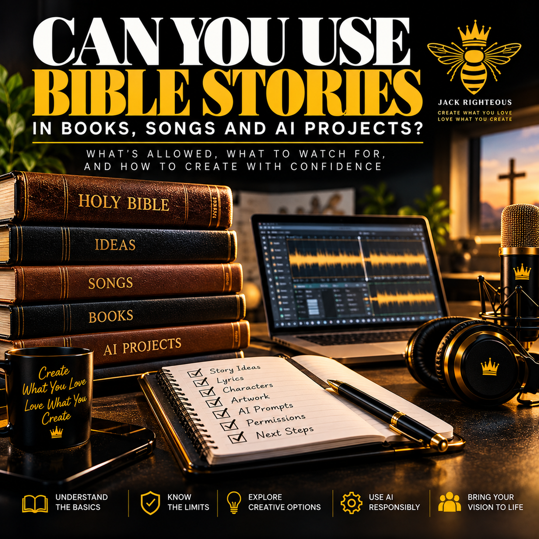 Can You Use Bible Stories in Books, Songs and AI Projects? Jack Righteous creator guide cover with Bible, songwriting and publishing desk in black and gold.