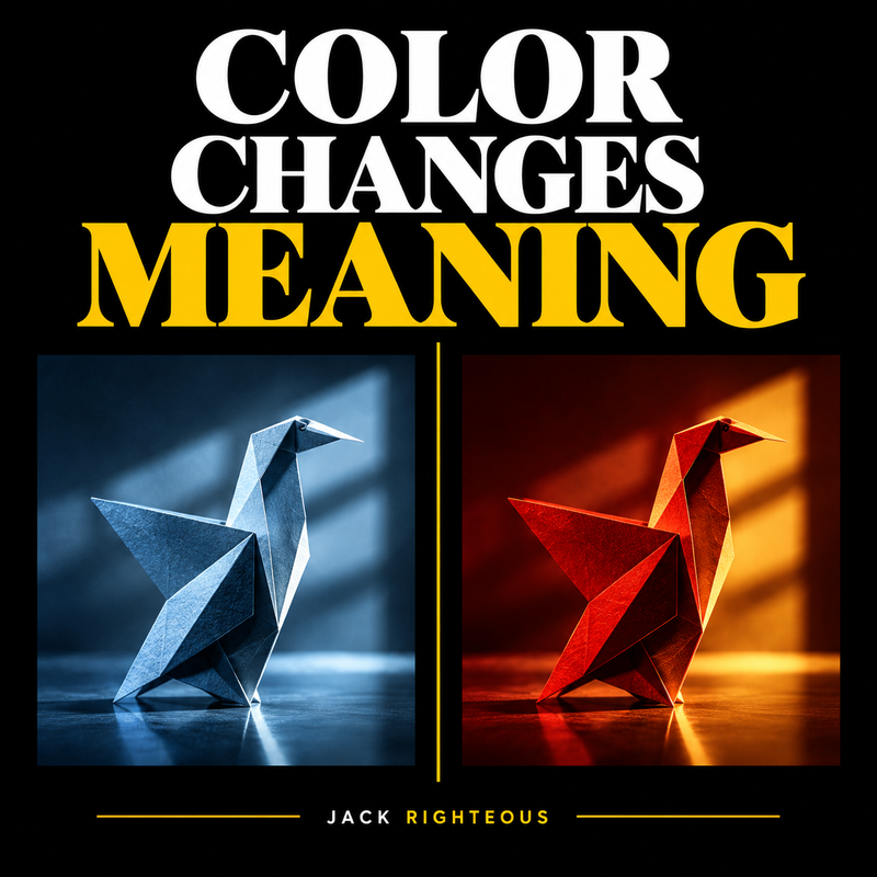 Color Changes Meaning: two identical origami birds, one cool blue and the other warm red-orange, showing how palette changes emotion. Jack Righteous black, white and gold cover.