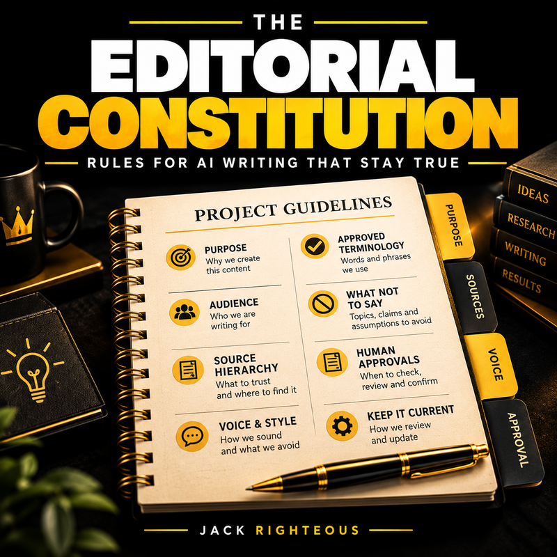 Editorial Constitution for AI Writing guide cover showing a project guidelines notebook for purpose, audience, sources, voice, terminology and human approvals in black, white and gold.