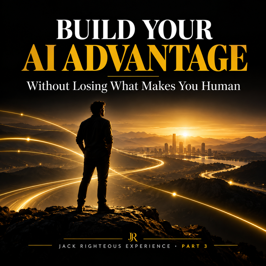 The Jack Righteous Experience Part 3 cover showing a creator overlooking golden pathways beneath the words Build Your AI Advantage Without Losing What Makes You Human.