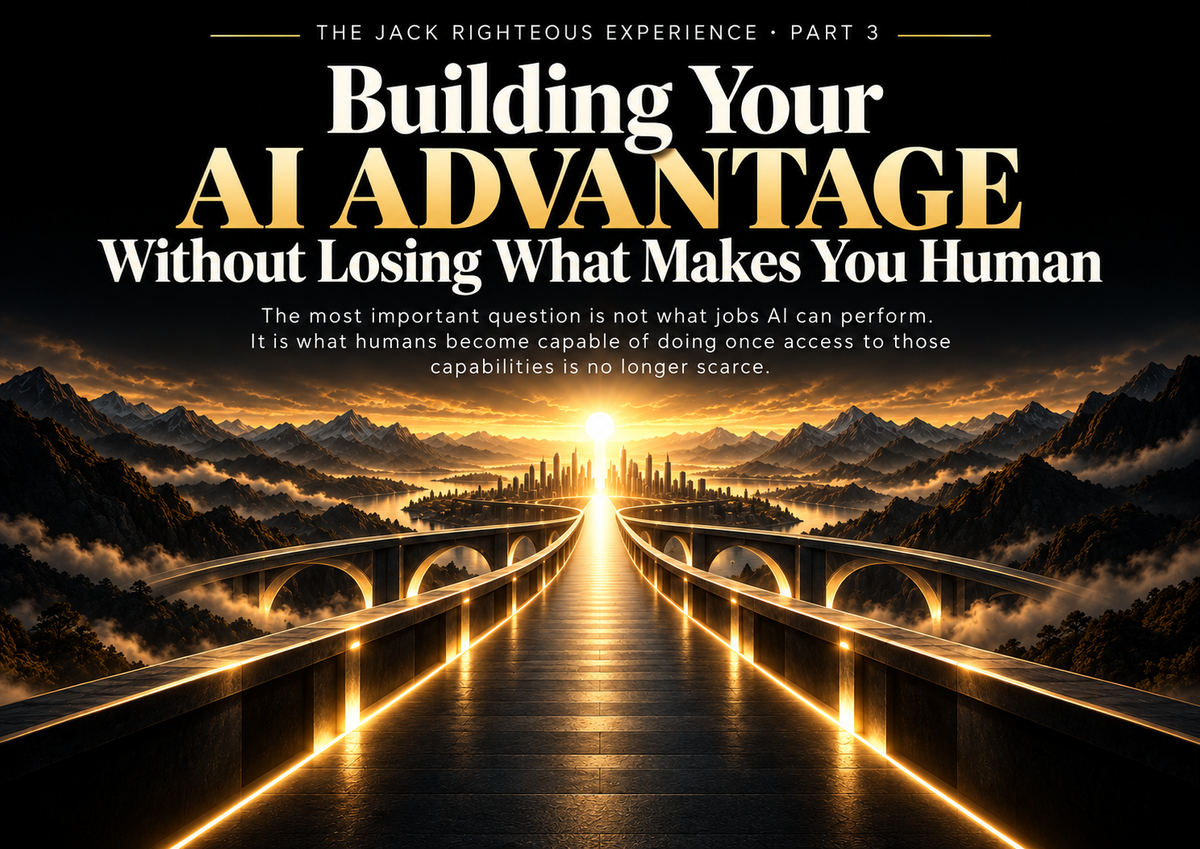Jack Righteous Experience Part 3 cover showing an illuminated gold bridge leading toward a bright horizon beneath the title Building Your AI Advantage Without Losing What Makes You Human.