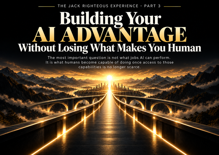 Jack Righteous Experience Part 3 cover showing an illuminated gold bridge leading toward a bright horizon beneath the title Building Your AI Advantage Without Losing What Makes You Human.