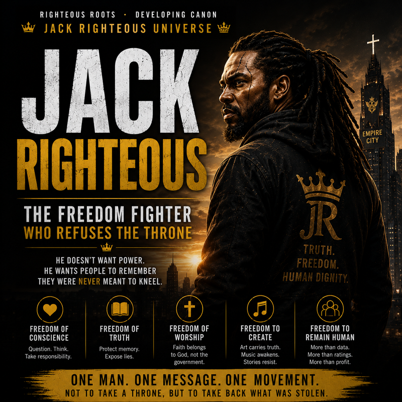 Jack Righteous stands before Empire City as a freedom fighter defending truth, conscience, worship, creativity and human dignity.