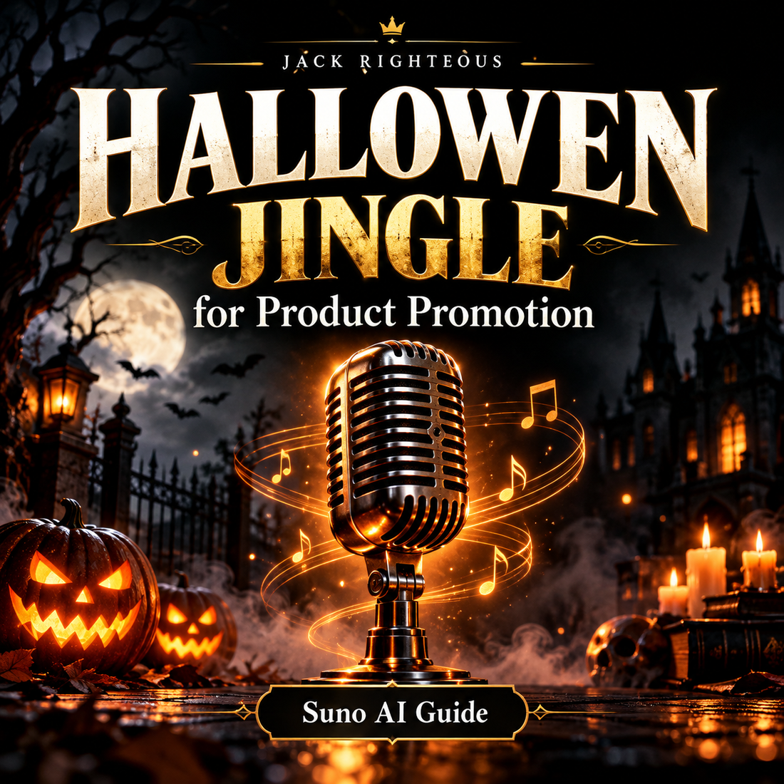 Halloween Jingle for Product Promotion — Suno AI Guide by Jack Righteous, vintage microphone with Halloween pumpkins