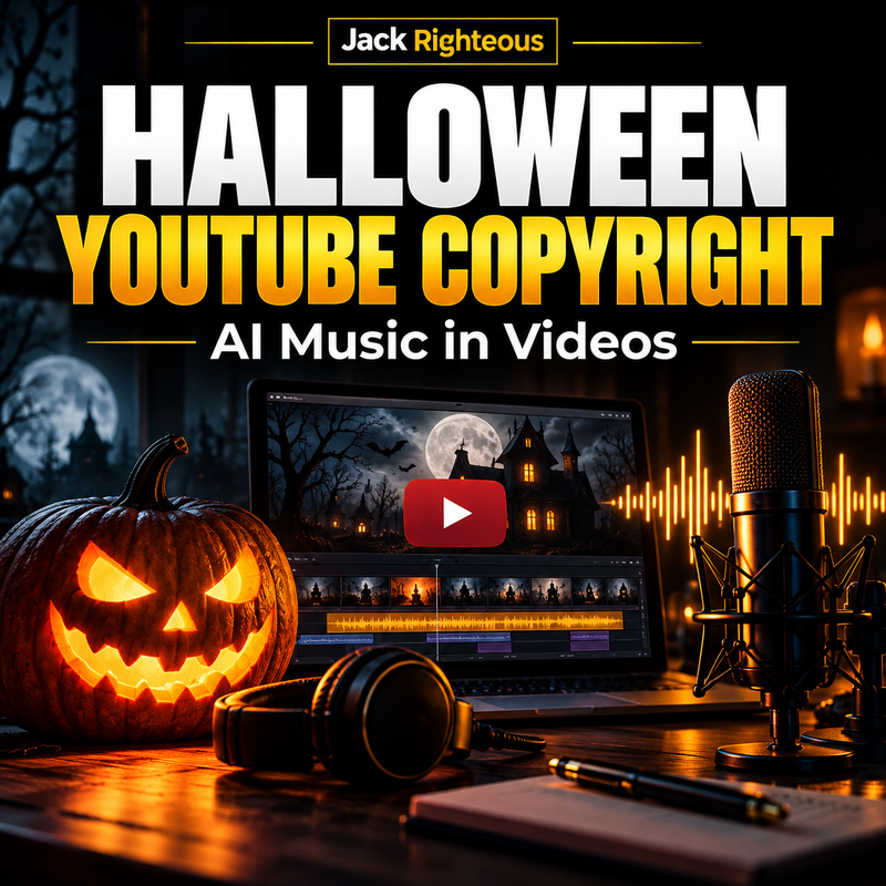 Halloween YouTube copyright and AI music video guide cover with a pumpkin, video editing screen, microphone, and Jack Righteous branding