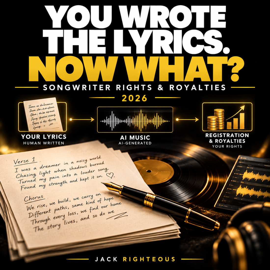 You Wrote the Lyrics, Now What? Cover illustrating human-written lyric pages, AI-generated music, and royalty registration in black, white and gold.