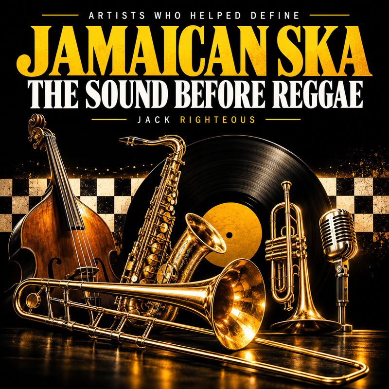 Artists Who Helped Define Jamaican Ska: The Sound Before Reggae. Gold-lit saxophone, trombone, trumpet, upright bass, vinyl and microphone on a black background, with no artist likenesses.