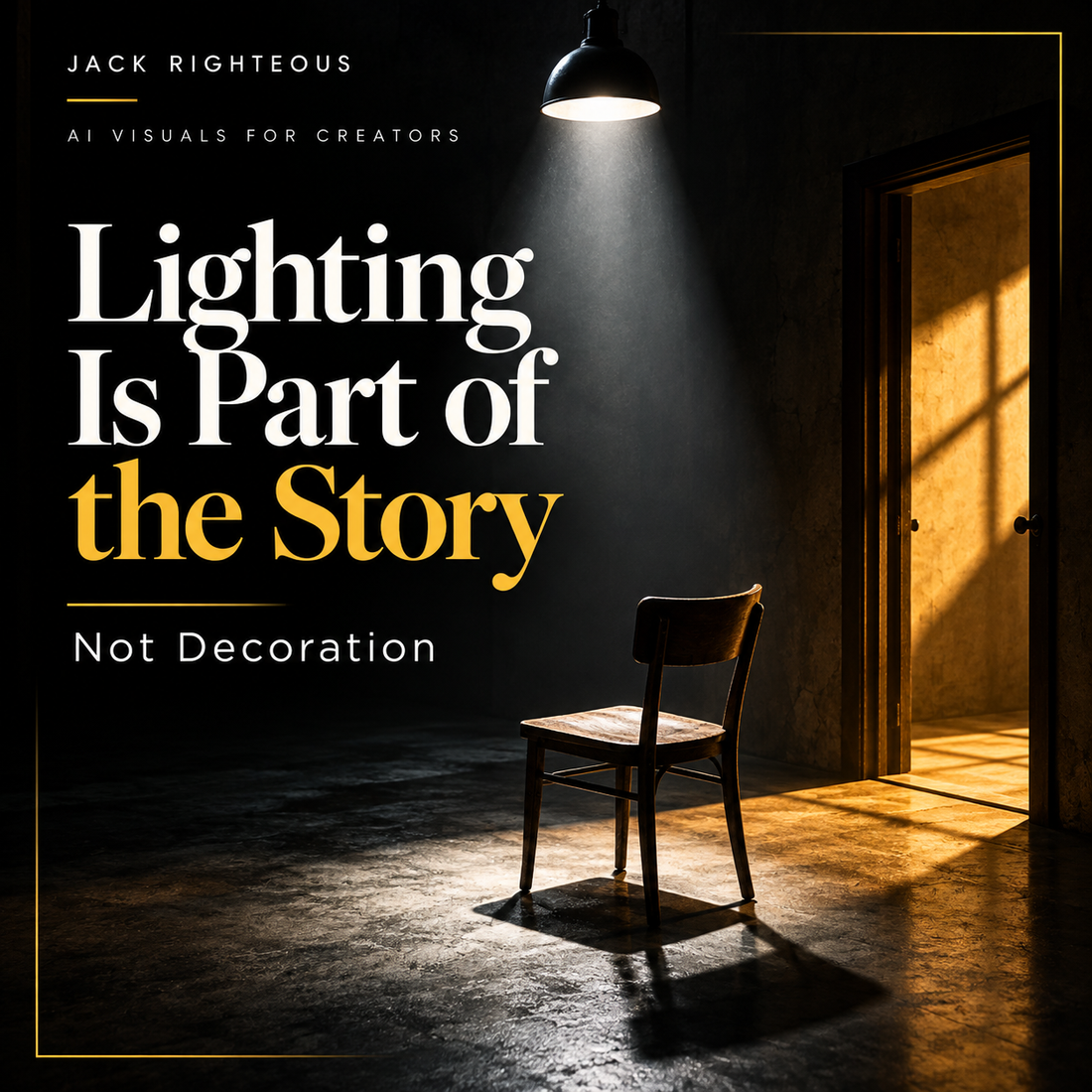 Lighting is part of the story, not decoration — a chair under a hard spotlight beside a warm golden doorway, showing how light shapes mood