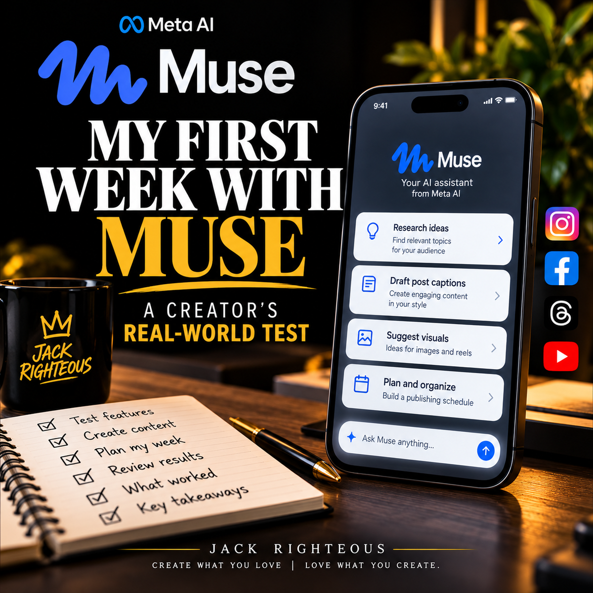 Illustrated cover: Jack Righteous first-week Meta Muse AI creator test, with example planning tasks