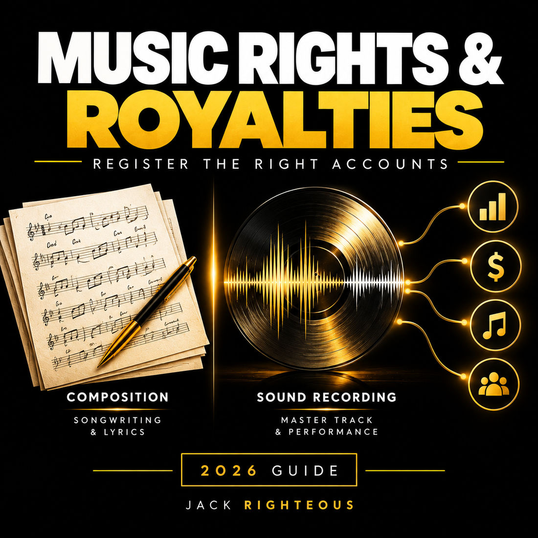 Music rights and royalties guide cover showing sheet music for composition rights and a gold record for recording and performer royalties, with connected collection pathways.
