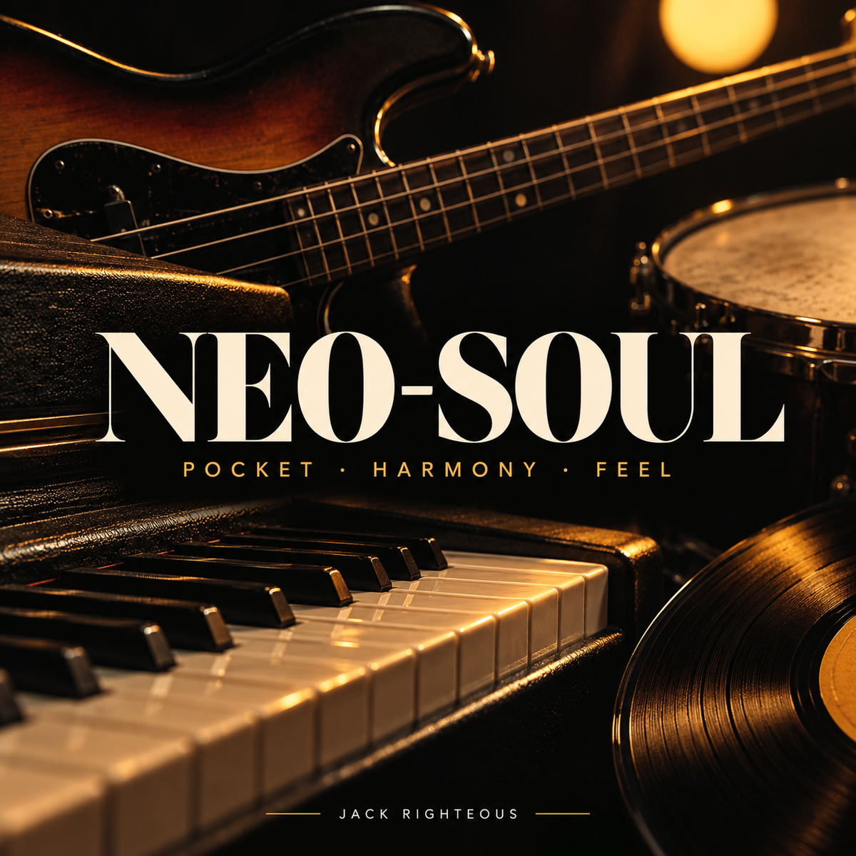 Neo-soul music guide cover: bass guitar, electric piano, drums and record in warm gold light