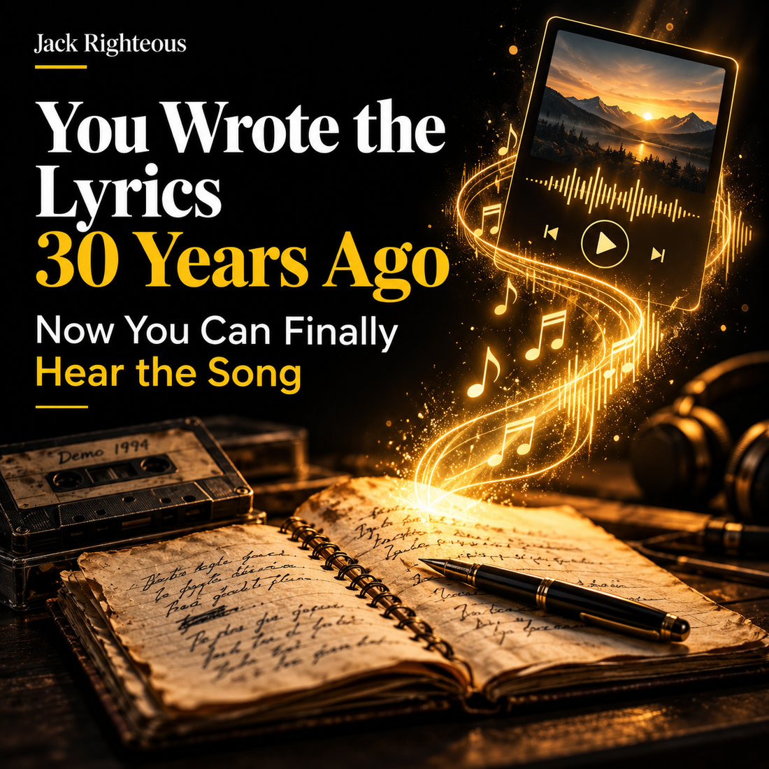 Handwritten lyrics from 30 years ago emerging into golden soundwaves and a song