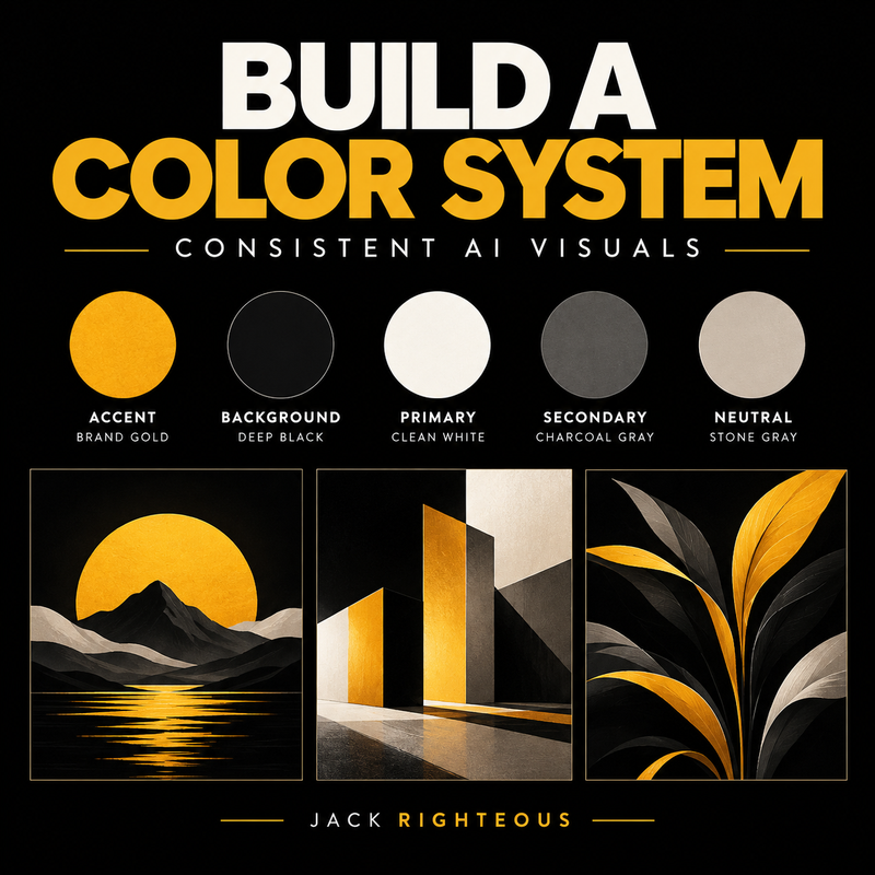 Reusable AI color system with five palette roles and three coordinated black, white and gold visual examples.