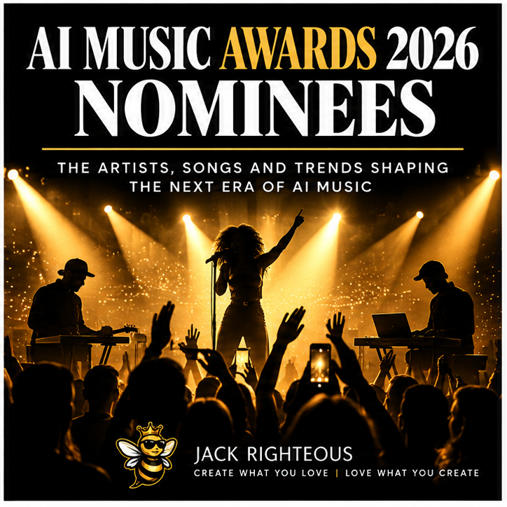 2026 AI Music Awards nominees editorial cover showing gold-lit concert stage and unnamed performer silhouettes