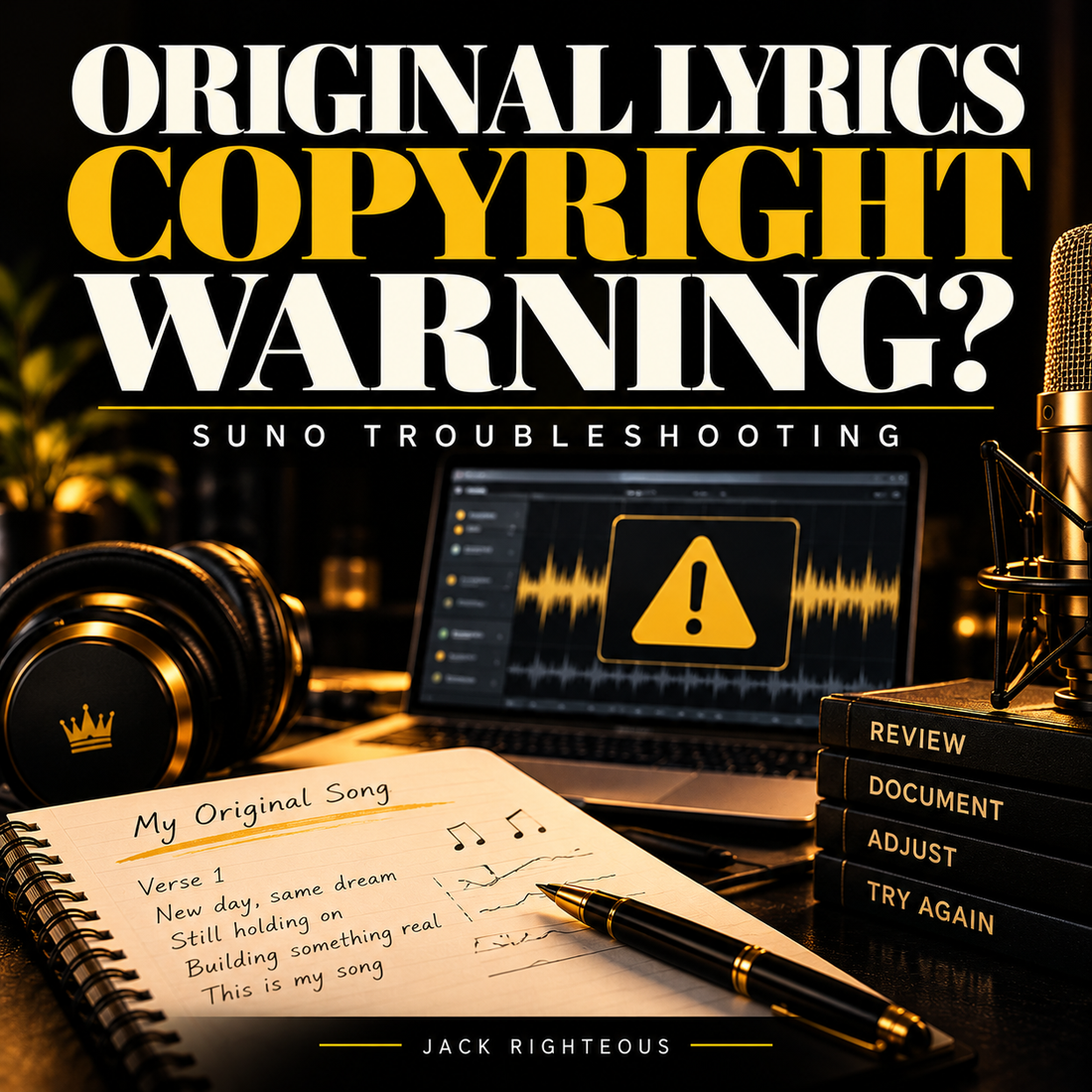 Jack Righteous Suno original lyrics copyright warning troubleshooting cover: songwriter notebook, laptop warning symbol, microphone and headphones in black and gold.
